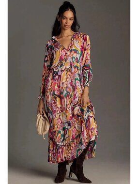 NWOT Anthropologie Odetta Ruffled V-Neck Dress Size XS Boho Lightweight Long Sle